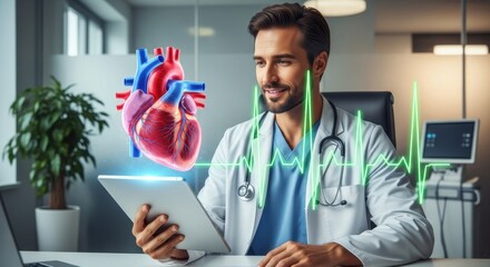 Handsome doctor analyzes heart health data on tablet with modern technology, offering innovative patient care and inspiring trust in medical advancements