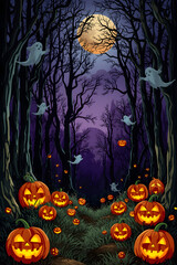 Enchanted Halloween Forest: A haunting scene of a forest path illuminated by the eerie glow of carved pumpkins and the ethereal presence of ghostly figures beneath a large moon.