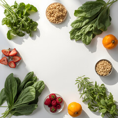 Fresh Food Composition: An overhead view showcases a visually appealing arrangement of fresh, colorful ingredients like spinach, herbs, and vibrant strawberries, perfect for culinary endeavors.