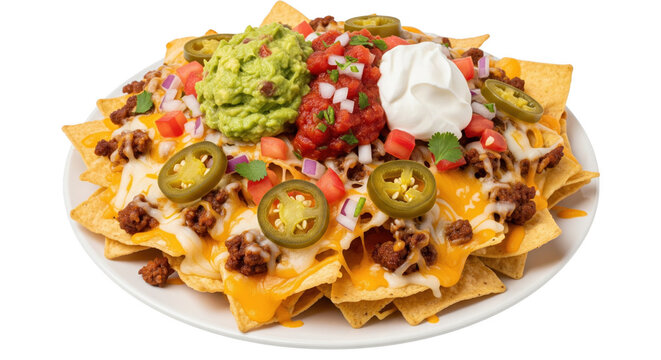 Loaded Nachos with Cheese, Ground Beef, Jalape&ntilde;os, Guacamole, Salsa and Sour Cream &mdash; PNG Clipart on Transparent Background