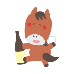 一升瓶とコップを持って歩くかわいい馬のキャラクターイラスト素材