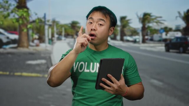 Young man in green shirt ponders on urban street while holding tablet against cloudy sky, embodying thoughtful expression and casual style in lively city setting