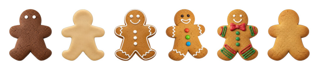 Gingerbread men cookie set including plain, chocolate, and decorated figures isolated. Festive holiday baking collection.