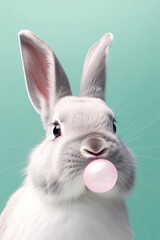 Obraz premium Bubblegum Bliss A Cute Bunny chewing and blowing a pink bubblegum