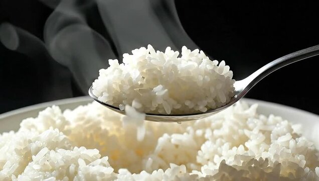 Steaming white cooked rice in a shiny spoon and bowl against a dark backdrop