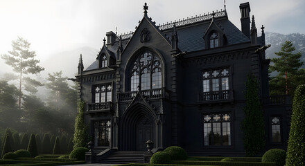 Obraz premium Mysterious Mansion Amidst Fog: A gothic mansion stands shrouded in mist, its dark silhouette a haunting presence amidst a serene landscape, evoking an aura of mystery.