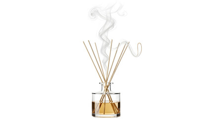 Elegant reed diffuser emitting gentle, aromatic smoke, creating a tranquil atmosphere for home relaxation and wellness, isolated on a clean white background
