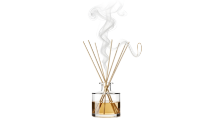 Elegant reed diffuser emitting gentle, aromatic smoke, creating a tranquil atmosphere for home relaxation and wellness, isolated on a clean white background
