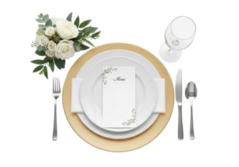 Elegant Wedding Table Setting with Menu, White Roses, Gold Charger and Cutlery — PNG with Transparent Background