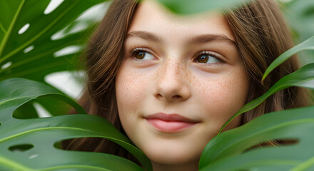 Naklejka premium Botanical Beauty: A girl with freckled skin, her eyes bright with a gentle gaze, peeks through vibrant, healthy, large leaves. The scene evokes tranquility and a connection with nature.