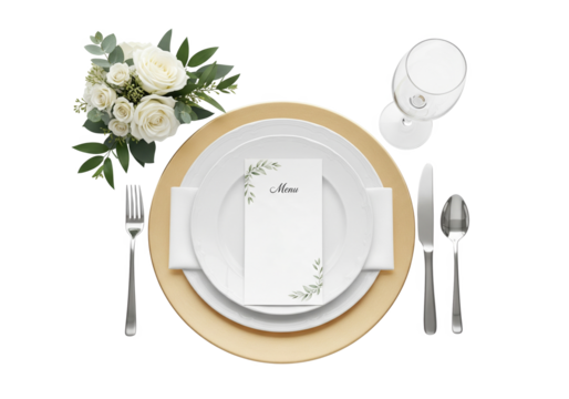 Elegant Wedding Table Setting with Menu, White Roses, Gold Charger and Cutlery — PNG with Transparent Background