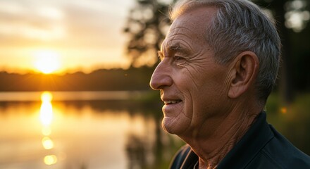 A man with a beard showing side profile of smiling elderly man with deep wrinkles and serene expression