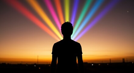 Fototapeta premium A person standing in front of a rainbow light showing silhouette shadow splitting into multiple colored beams, diversity of thought