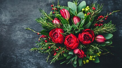 Dark background vintage floral arrangement with chrysanthemums, peonies, tulips top view, spring design
