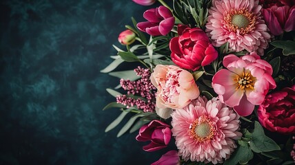 Dark background vintage floral arrangement with chrysanthemums, peonies, tulips top view, spring design
