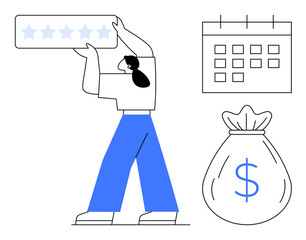 Woman raising a five-star rating card, calendar for planning, and money bag for financial growth. Ideal for feedback, quality, planning, savings, finance goals success. Simple flat metaphor
