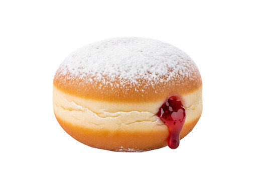 Jelly-filled doughnut with powdered sugar and red jam drip &ndash; PNG on transparent background, isolated donut pastry clipart
