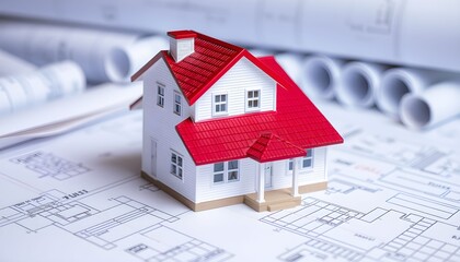 Miniature house model with a bright red roof sitting on top of architectural blueprints and construction plans.