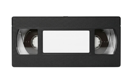 Obraz premium Black VHS videotape cassette with blank label, retro media tape, isolated on transparent background PNG clipart