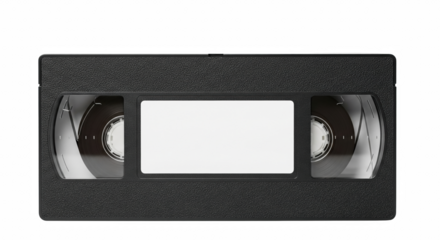 Black VHS videotape cassette with blank label, retro media tape, isolated on transparent background PNG clipart