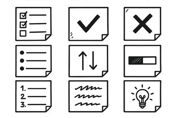 Task management linear icons set. featuring checklist, checkmark, cross, bulleted list, sort, progress bar, numbered list, notes, idea
