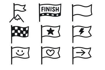 Fototapeta premium Flags silhouette icon set. featuring mountain, finish line, plain, checkered, star, bolt, smiley, heart, arrow icons