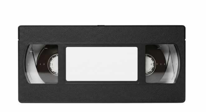 Black VHS videotape cassette with blank label, retro media tape, isolated on transparent background PNG clipart
