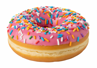 Pink frosted donut with rainbow sprinkles, isolated PNG on transparent background