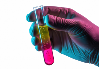 Gloved Hand Holding Test Tube with Colorful Liquid — Laboratory Science PNG on Transparent Background