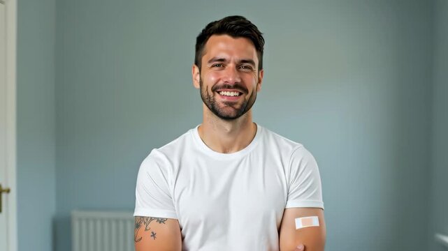 healthcare, coronavirus pandemic prevention. young handsome smiling bearded caucasian man in white t-shirt with band-aid on arm after vaccination with covid-19 vaccine. public health, immunization