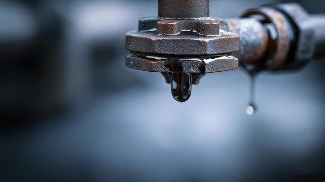 Close-up of a metal pipe dripping black oil, symbolizing petroleum production, energy industry, and environmental impact. - Powered by Adobe