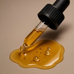 Golden Cosmetic Serum Droplets with Dropper on Neutral Surface