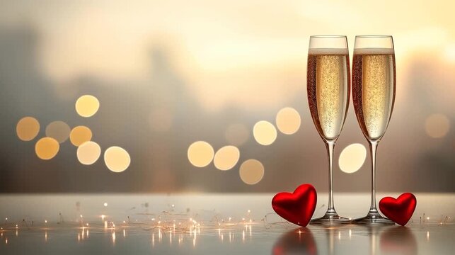 Two champagne glasses with red hearts and warm bokeh lights in the background. Ideal for romance, love, or celebration visuals