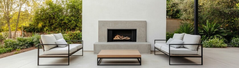 Cozy Outdoor Living Space with Concrete Fireplace and Modern Furniture, patio design , outdoor decor