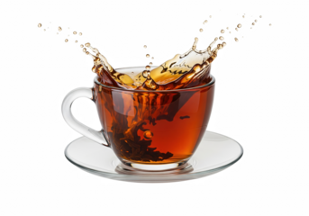 Glass cup of hot black tea splash – PNG on transparent background, isolated teacup and saucer drink