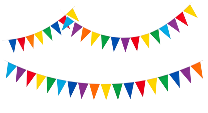 Vibrant rainbow bunting flags create festive party atmosphere for celebrations