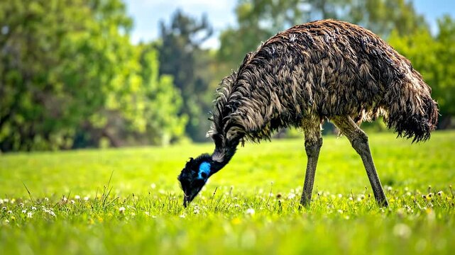 Emu Foraging in Lush Green Grass Field on a Sunny Day.