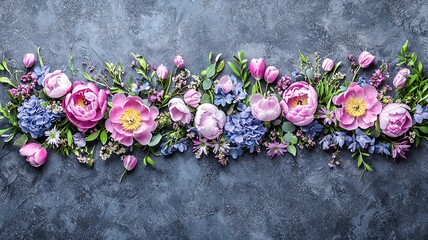 Dark background vintage floral arrangement with chrysanthemums, peonies, tulips top view, spring design
