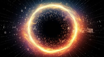 A black hole with a glowing ring of fire and icons showing swirling vortex of colors pulling in scattered data symbols, absorbing information or data