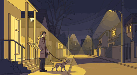 Evening stroll with canine companion on quiet illuminated neighborhood streets