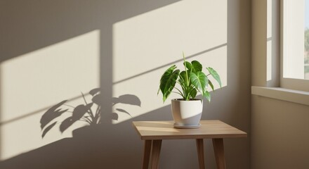 Indoor plant on wooden table with natural light and shadow