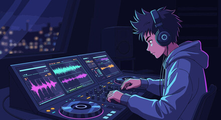 Anime DJ mixing electronic music at night in the studio with city lights in the background