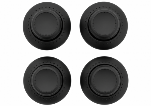 Set of 4 black joystick thumb grips for game controller, isolated PNG on transparent background