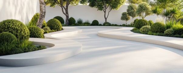 Minimalist Garden White Path, Greenery, Modern Design , Landscaping, Architecture