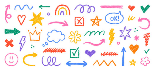 Crayon kids scribble shapes, brush lines doodle set. Pencil underlines, check marks, arrows, stars and hearts in sketch style. Hand drawn vector illustration isolated on white background