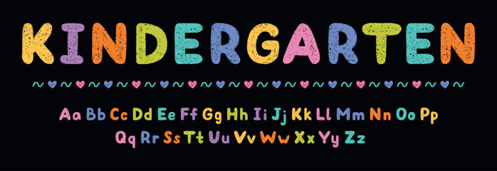 Crayon alphabet doodle set. Chalk pencil font, school wax kid letters in sketch style. Hand drawn vector illustration isolated on black background.