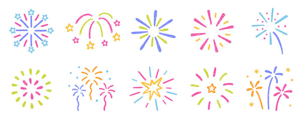 Chalk pencil fireworks, sparkling stars doodle set. Kids crayon color firecracker, confetti, sunburst, explosion in sketch style. Grunge texture. Hand drawn illustration isolated on white background