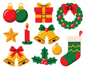 Collection of festive christmas decorations including ornaments wreath and gifts
