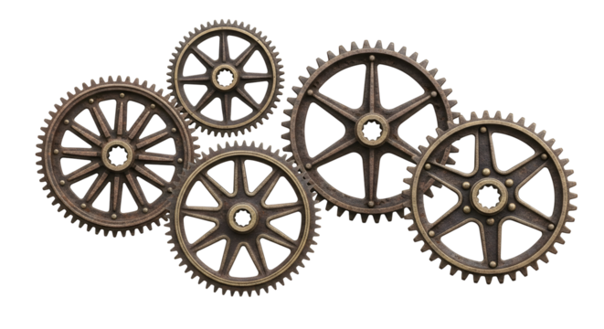 Intricate vintage bronze gears interlocking, symbolizing innovation and teamwork