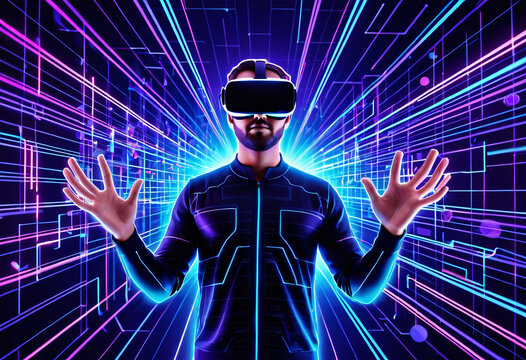 3D Virtual Man Holding VR Glasses, Surrounded by Virtual Data and Neon Ultraviolet Lines. Futuristic Metaverse, Digital World, and Technology Concept
